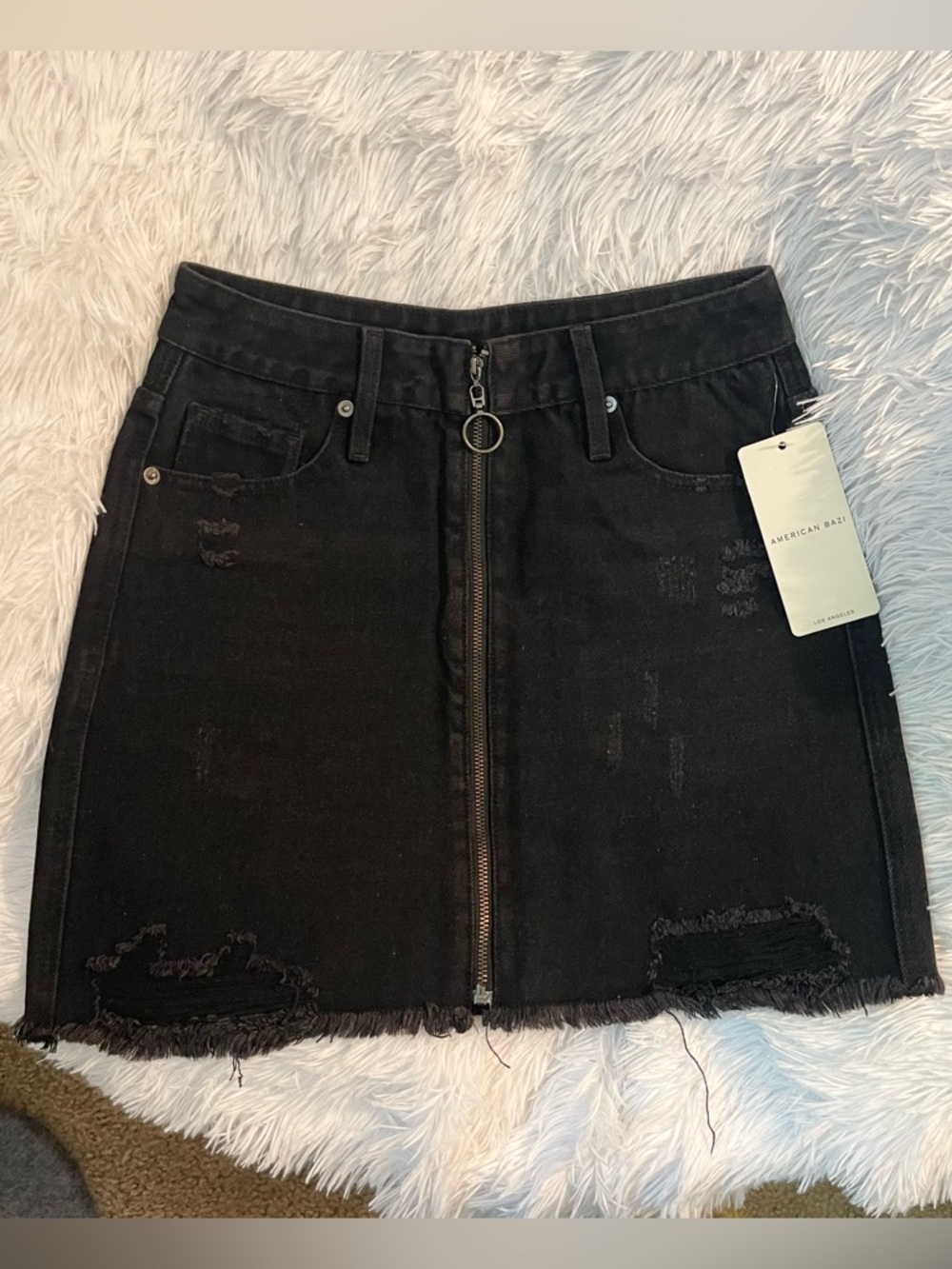 High waist front zipper destroyed ripped denim jeans black skirt